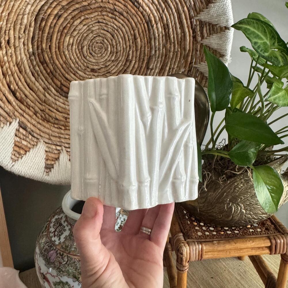 Vintage Chinoiserie White Faux Bamboo Planter - Palm Beach Chic Cachepot